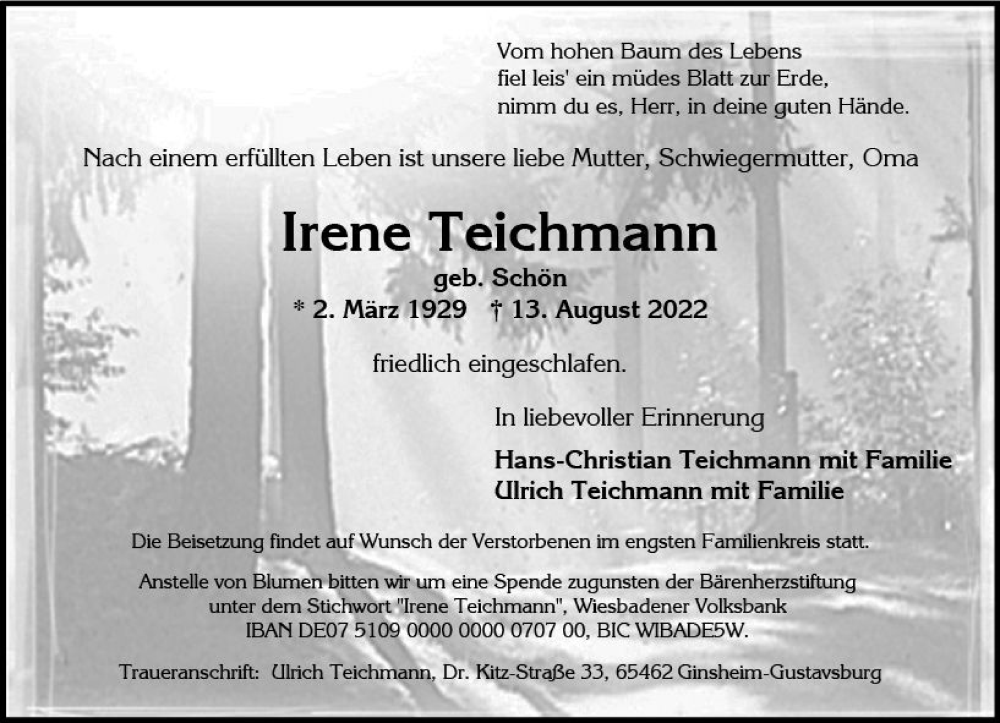 Traueranzeige für Irene Teichmann vom 27.08.2022 aus vrm-trauer Wiesbadener Kurier