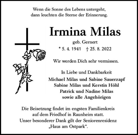 Traueranzeige von Irmina Milas von vrm-trauer Rüsselsheimer Echo / MainSpitze