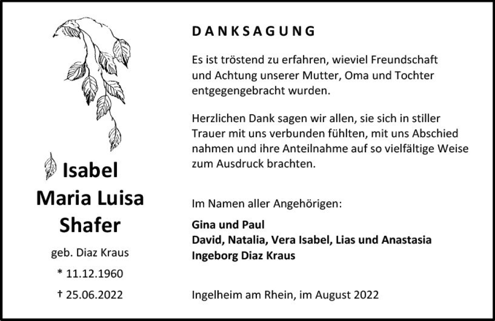  Traueranzeige für Isabel Maria Luisa Shafer vom 13.08.2022 aus vrm-trauer Allgemeine  Zeitung Ingelheim-Bingen