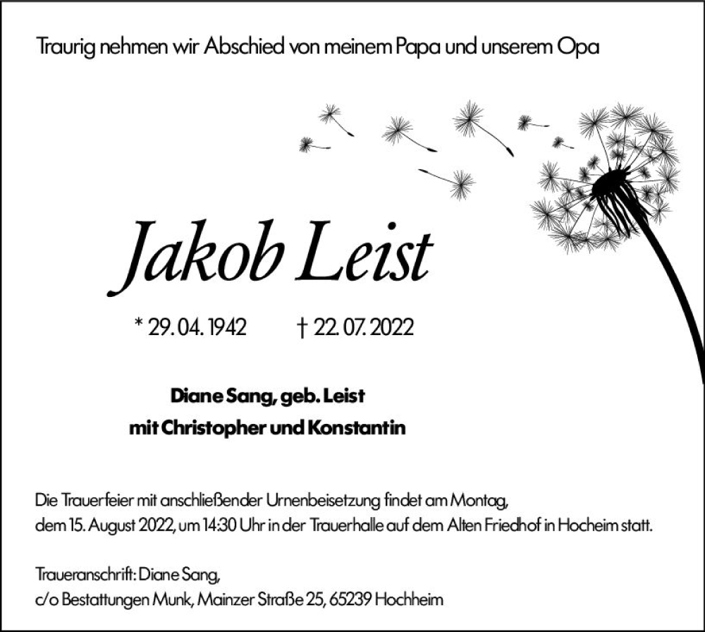  Traueranzeige für Jakob Leist vom 06.08.2022 aus vrm-trauer AZ Mainz