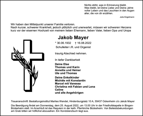 Traueranzeige von Jakob Mayer von vrm-trauer Allgemeine  Zeitung Ingelheim-Bingen