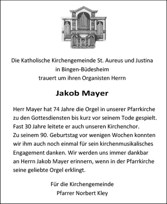 Traueranzeige von Jakob Mayer von vrm-trauer Allgemeine  Zeitung Ingelheim-Bingen