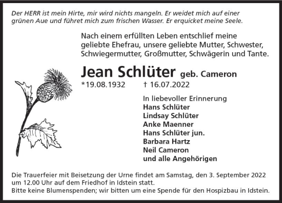 Traueranzeige von Jean Schlüter von vrm-trauer Idsteiner Zeitung