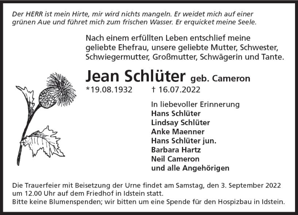  Traueranzeige für Jean Schlüter vom 27.08.2022 aus vrm-trauer Idsteiner Zeitung