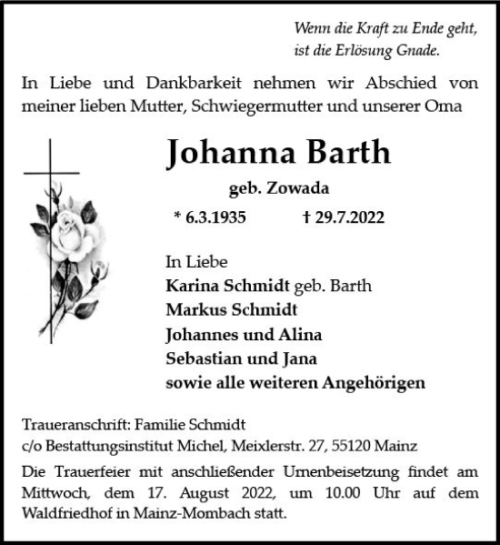 Traueranzeige von Johanna Barth von vrm-trauer AZ Mainz