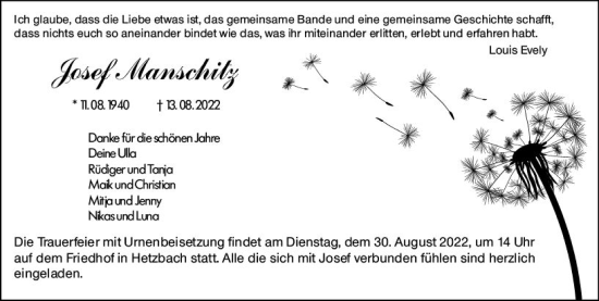 Traueranzeige von Josef Manschitz von vrm-trauer Odenwälder Echo