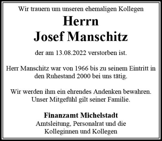 Traueranzeige von Josef Manschitz von vrm-trauer Odenwälder Echo