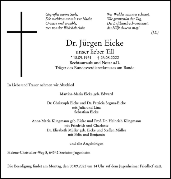 Traueranzeige von Jürgen Eicke von vrm-trauer Darmstädter Echo