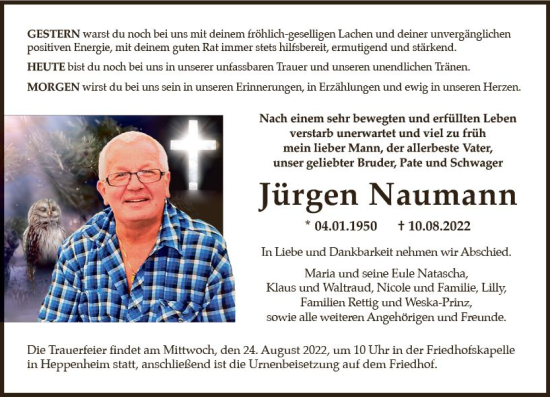 Traueranzeige von Jürgen Naumann von vrm-trauer Bürstädter/Lamperth. Ztg/Starkenburger