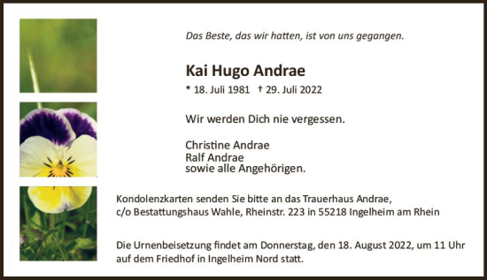 Traueranzeige von Kai Hugo Andrae von vrm-trauer Allgemeine  Zeitung Ingelheim-Bingen