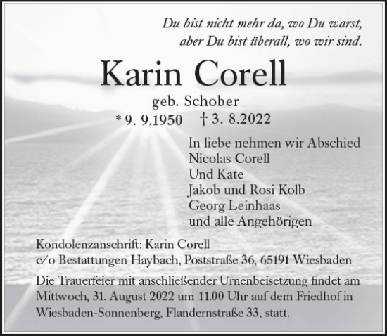 Traueranzeige von Karin Corell von vrm-trauer Wiesbadener Kurier