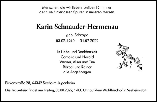Traueranzeige von Karin Schnauder-Hermenau von vrm-trauer Darmstädter Echo