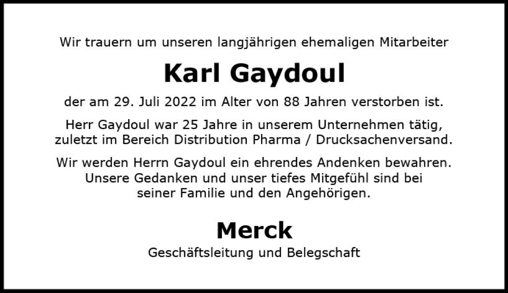  Traueranzeige für Karl Gaydoul vom 05.08.2022 aus vrm-trauer Darmstädter Echo