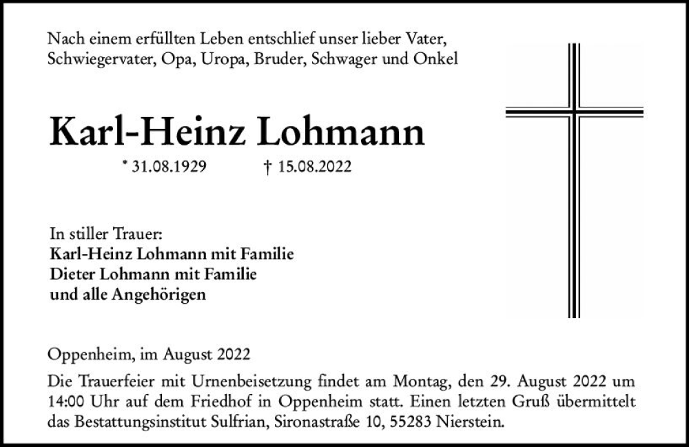  Traueranzeige für Karl-Heinz Lohmann vom 27.08.2022 aus vrm-trauer AZ Mainz