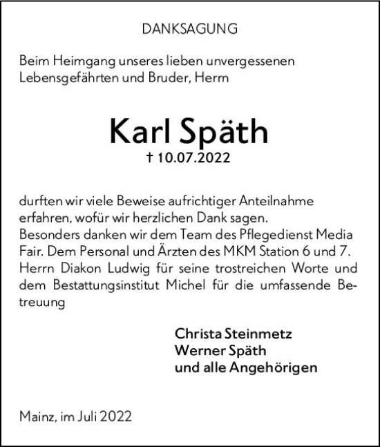 Traueranzeige von Karl Späth von vrm-trauer AZ Mainz