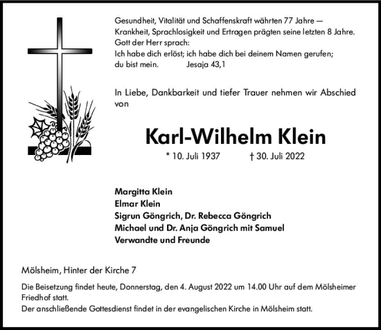 Traueranzeige von Karl-Wilhelm Klein von vrm-trauer Wormser Zeitung
