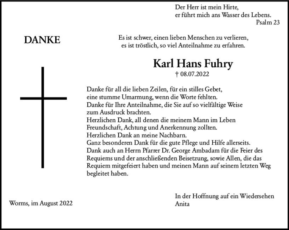  Traueranzeige für Karl Hans Fuhry vom 23.08.2022 aus vrm-trauer Wormser Zeitung