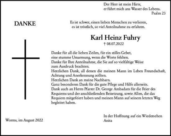 Traueranzeige von Karl Heinz Fuhry von vrm-trauer Wormser Zeitung