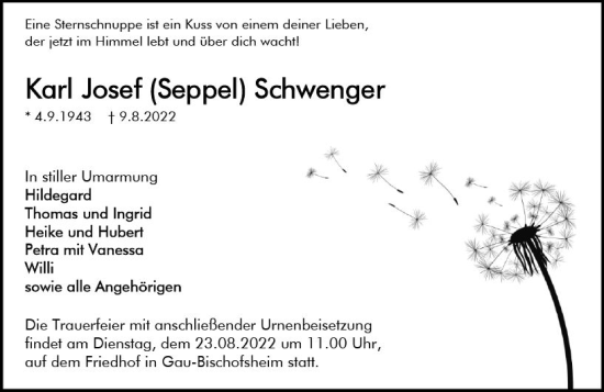 Traueranzeige von Karl Josef Schwenger von vrm-trauer AZ Mainz
