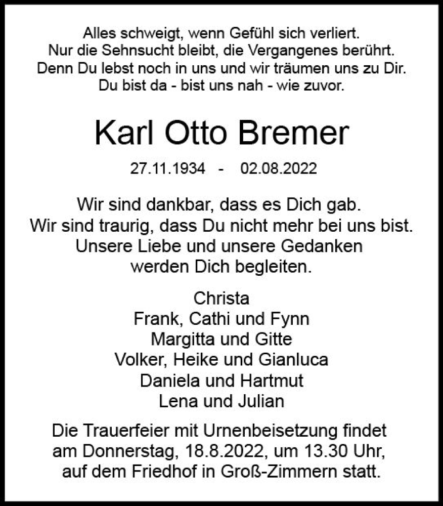  Traueranzeige für Karl Otto Bremer vom 13.08.2022 aus vrm-trauer DieburgerAnzeiger/Groß-Zimmerner Lokala