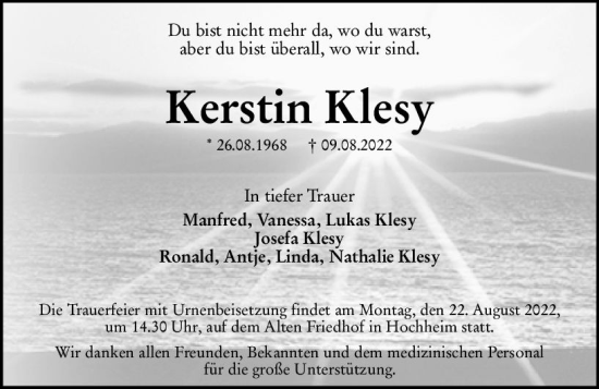 Traueranzeige von Kerstin Klesy von vrm-trauer Hochheimer Zeitung