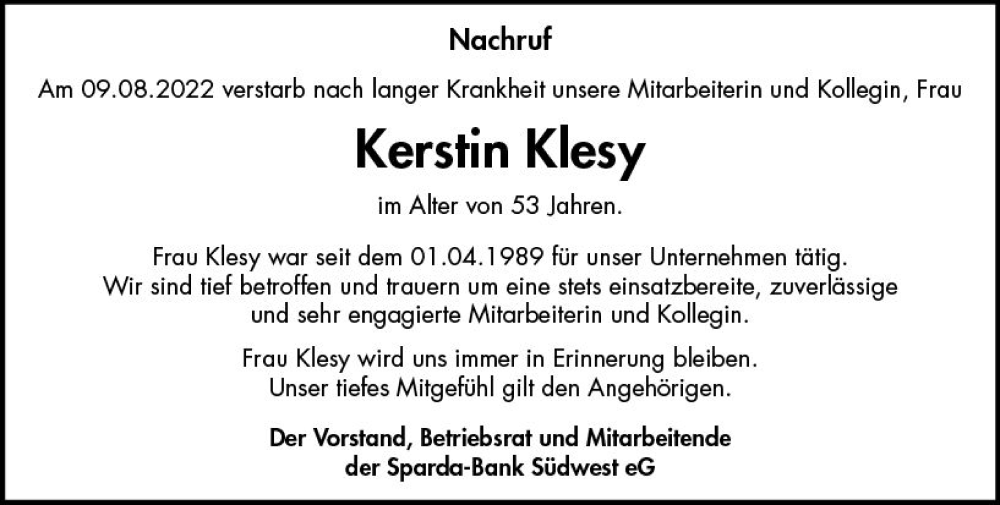  Traueranzeige für Kerstin Klesy vom 22.08.2022 aus vrm-trauer AZ Mainz
