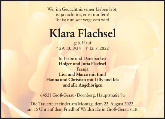 Traueranzeige von Klara Flachsel von vrm-trauer Groß-Gerauer Echo