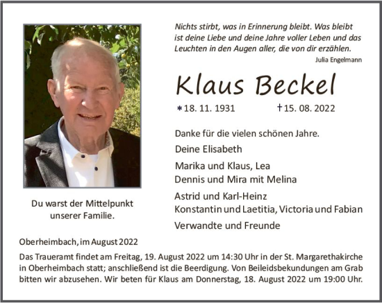 Traueranzeige von Klaus Beckel von vrm-trauer Allgemeine  Zeitung Ingelheim-Bingen