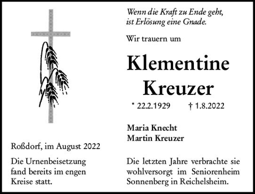  Traueranzeige für Klementine Kreuzer vom 27.08.2022 aus vrm-trauer Darmstädter Echo