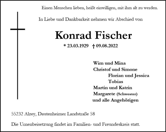 Traueranzeige von Konrad Fischer von vrm-trauer Allgemeine Zeitung Alzey