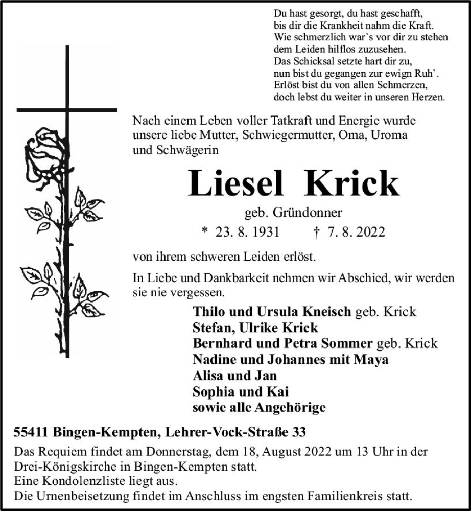 Traueranzeige für Liesel Krick vom 13.08.2022 aus vrm-trauer Allgemeine  Zeitung Ingelheim-Bingen