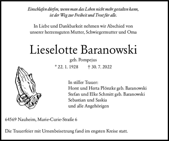 Traueranzeige von Lieselotte Baranowski von vrm-trauer Rüsselsheimer Echo / MainSpitze