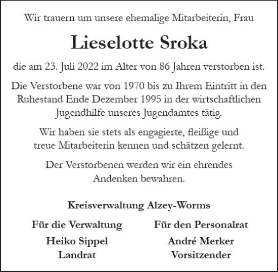 Traueranzeige von Lieselotte Sroka von vrm-trauer Allgemeine Zeitung Alzey
