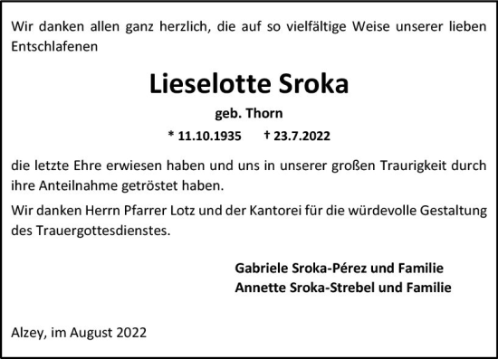 Traueranzeige von Lieselotte Sroka von vrm-trauer Allgemeine Zeitung Alzey