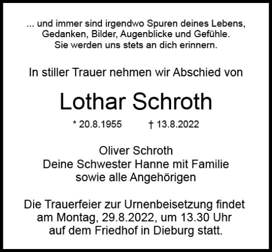 Traueranzeige von Lothar Schroth von vrm-trauer DieburgerAnzeiger/Groß-Zimmerner Lokala