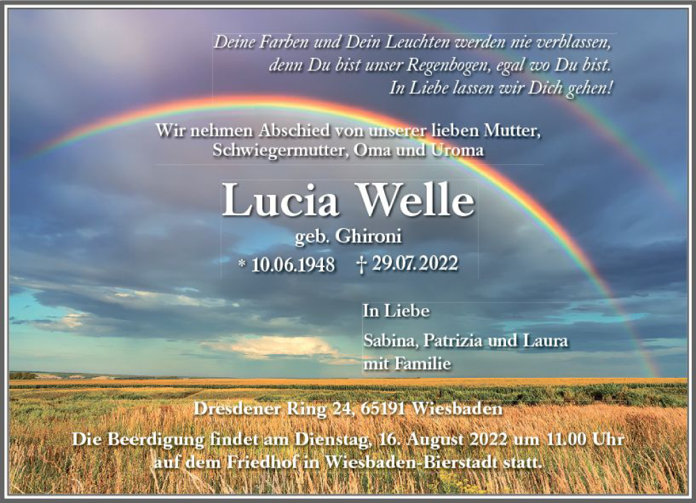  Traueranzeige für Lucia Welle vom 06.08.2022 aus vrm-trauer Wiesbadener Kurier