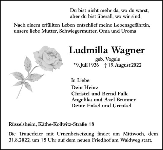 Traueranzeige von Ludmilla Wagner von vrm-trauer Rüsselsheimer Echo / MainSpitze