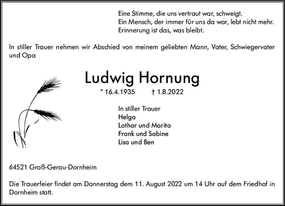  Traueranzeige für Ludwig Hornung vom 06.08.2022 aus vrm-trauer Groß-Gerauer Echo
