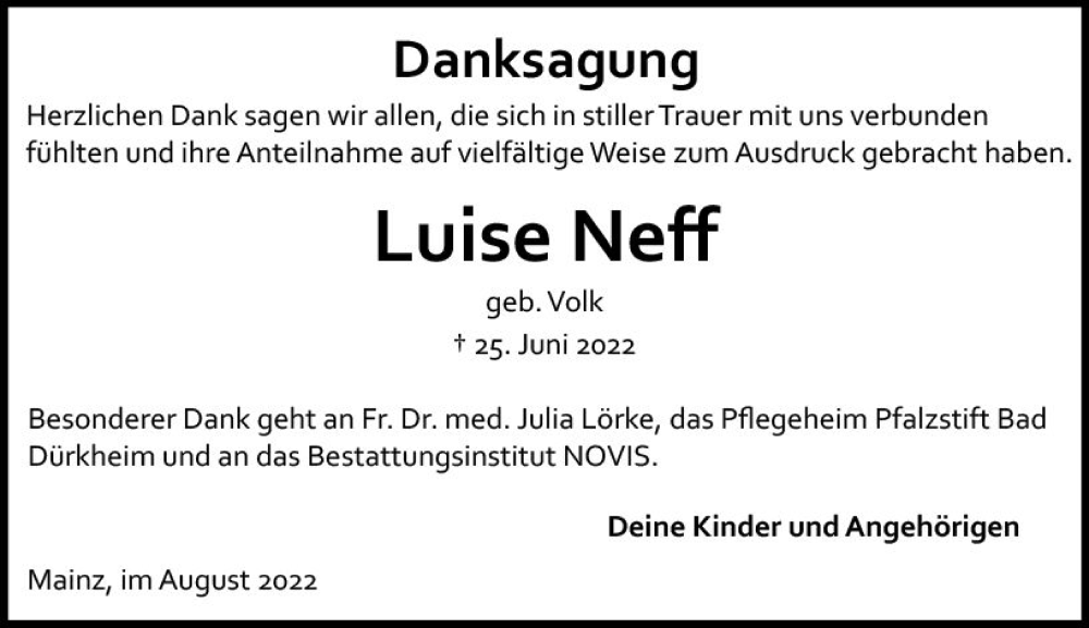  Traueranzeige für Luise Neff vom 06.08.2022 aus vrm-trauer AZ Mainz