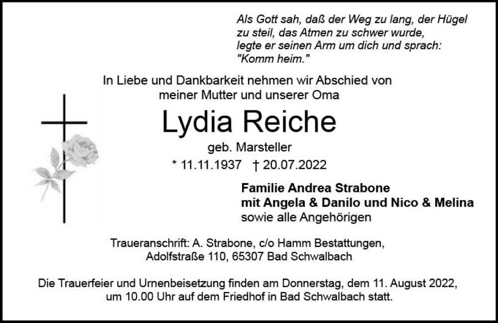  Traueranzeige für Lydia Reiche vom 06.08.2022 aus vrm-trauer WK-UTA