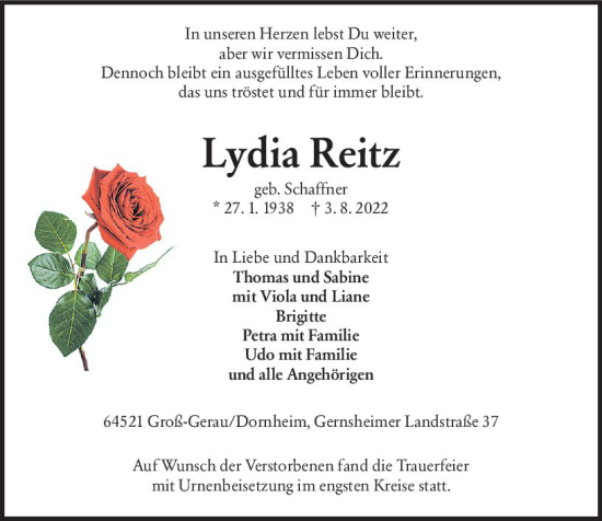 Traueranzeige von Lydia Reitz von vrm-trauer Groß-Gerauer Echo