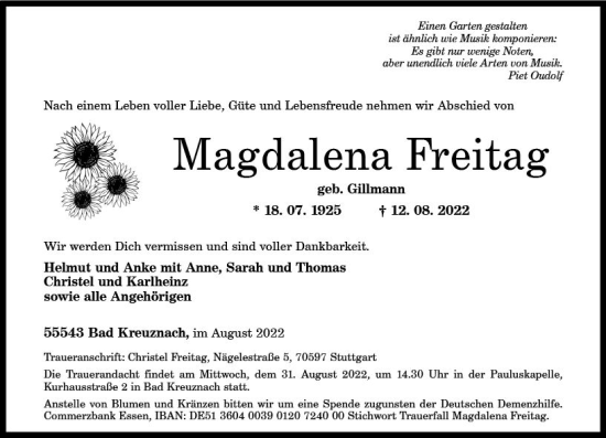 Traueranzeige von Magdalena Freitag von vrm-trauer Allg. Zeitung Bad Kreuznach