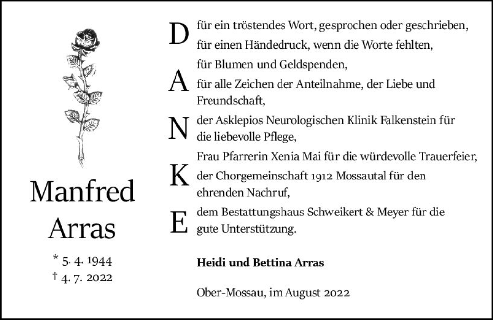  Traueranzeige für Manfred Arras vom 13.08.2022 aus vrm-trauer Odenwälder Echo