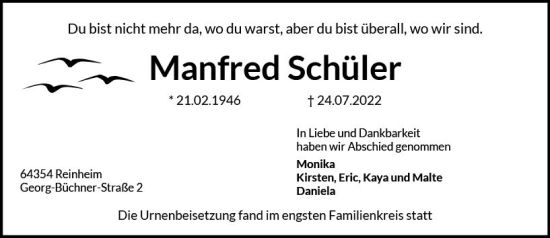 Traueranzeige von Manfred Schüler von vrm-trauer Darmstädter Echo