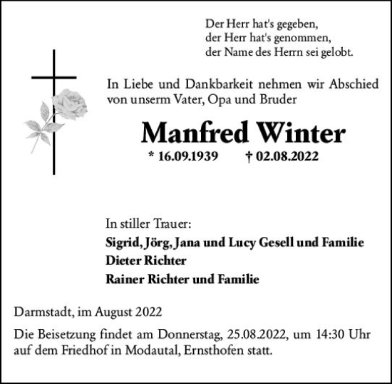 Traueranzeige von Manfred Winter von vrm-trauer Darmstädter Echo