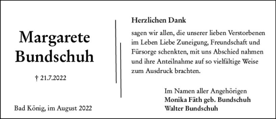 Traueranzeige von Margarete Bundschuh von vrm-trauer Odenwälder Echo
