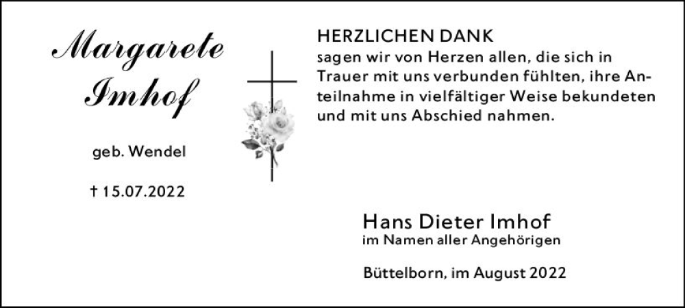  Traueranzeige für Margarete Imhof vom 27.08.2022 aus vrm-trauer Groß-Gerauer Echo