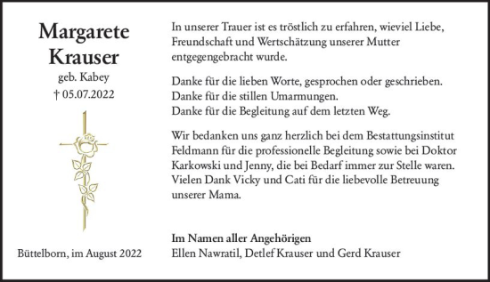 Traueranzeige von Margarete Krauser von vrm-trauer Groß-Gerauer Echo