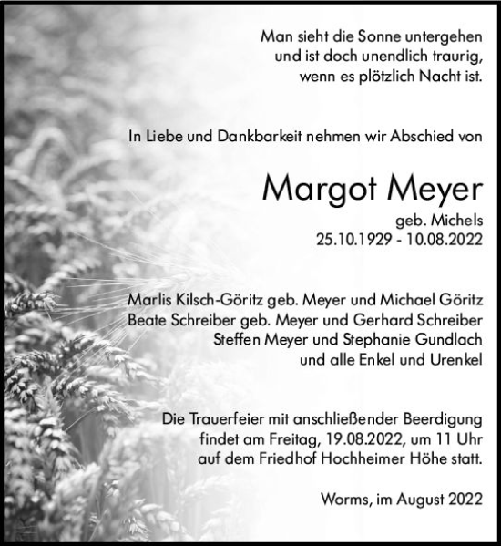Traueranzeige von Margot Meyer von vrm-trauer Wormser Zeitung