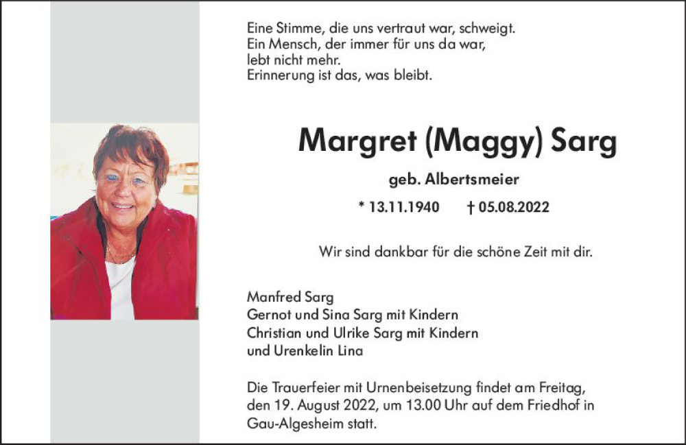  Traueranzeige für Margret Sarg vom 13.08.2022 aus vrm-trauer Allgemeine  Zeitung Ingelheim-Bingen